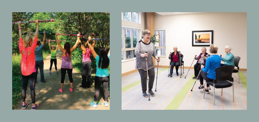 Two images, 1: group of women raising poles above their heads, 2: group of women in senior living facility trying our Nordic Poles